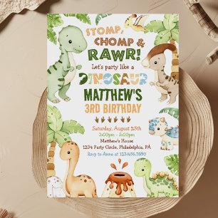 Invitation Stomp Chomp Roar Dinosaur 3e anniversaire