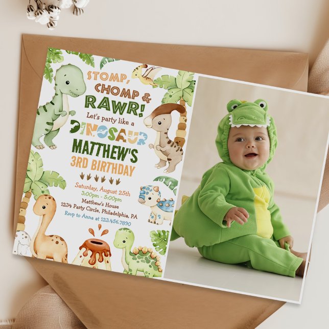 Invitation Stomp Chomp Roar Dinosaur 3e anniversaire Photo (Créateur téléchargé)
