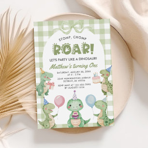 Invitation Stomp Chomp Roar Dinosaur En vichy 1er anniversair