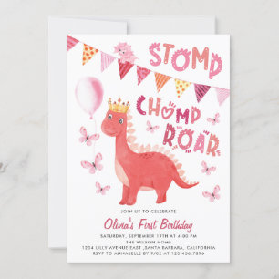 Invitation Stomp Chomp Roar Dinosaur Fille 1er anniversaire f