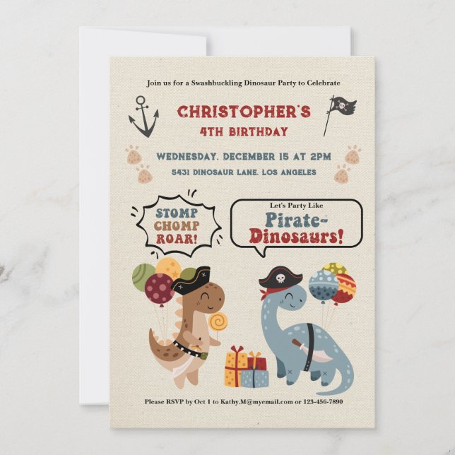 Invitation Stomp Chomp Roar Dinosaur Pirate Boys Anniversaire (Devant)