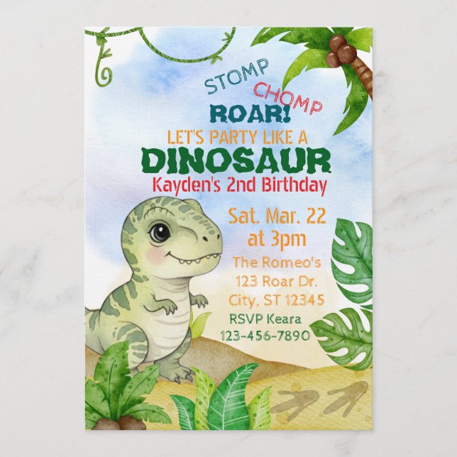 Invitation Stomp, Chomp, Roar, Dinosaur Watercolor Birthday (Devant)