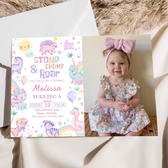 Invitation Stomp Chomp & Roar Pink Dinosaur Anniversaire Phot (Créateur téléchargé)