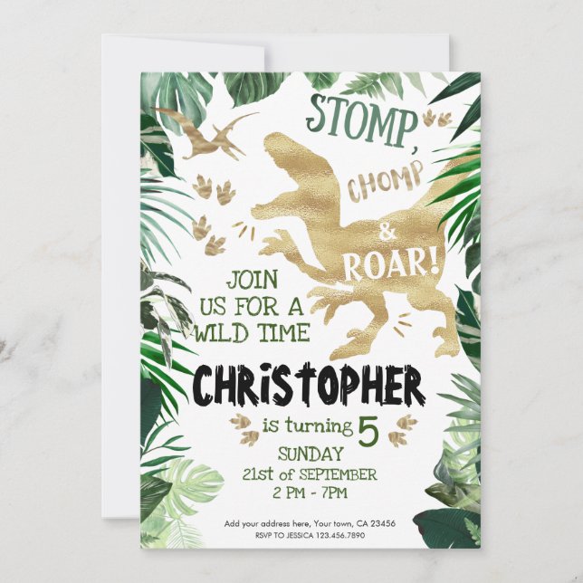 Invitation Stompe, Chompe et Rouler ! Dinosaures thème d'anni (Devant)