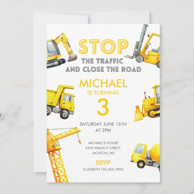 Invitation Stop The Traffic Construction Trucks Birthday (Devant)