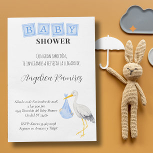 Invitation Stork Baby shower espagnol Dusty Blue Qr Code cade