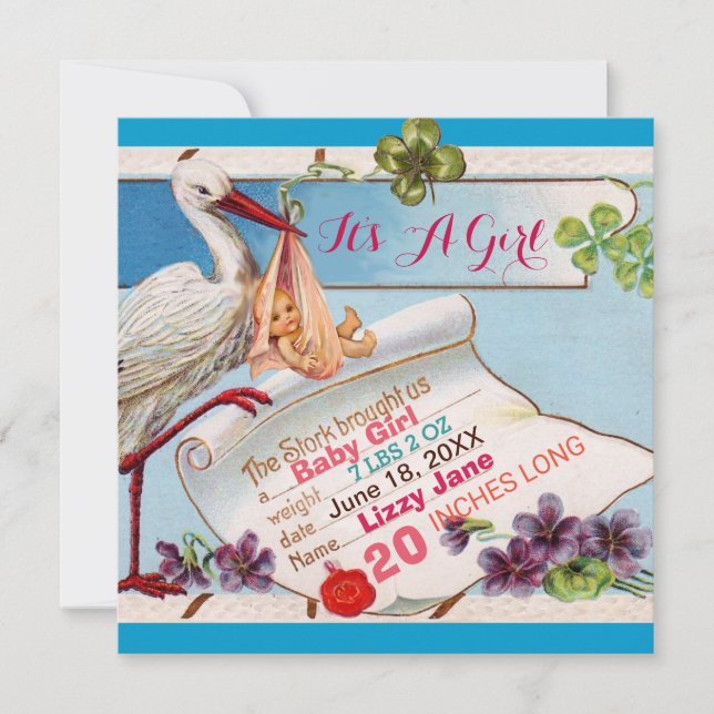 Invitation STORK, BABY SHOWER SHAMROCK GiRL STATS DE NAISSANC (Devant)