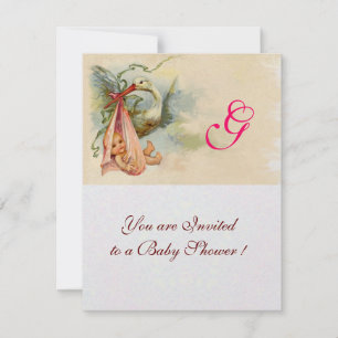 Invitation STORK BÉBÉ FILLE DOUCHE MONOGRAM Pearl Shimmer