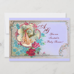 INVITATION STORK BÉBÉ FILLE DOUCHE ROSE BLEU FLORAL MONOGRAM