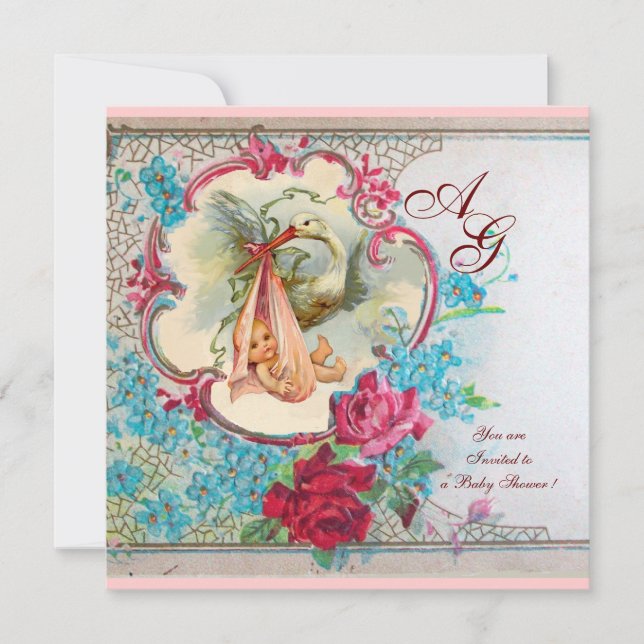 INVITATION STORK BÉBÉ FILLE DOUCHE ROSE BLEU FLORAL MONOGRAM (Devant)