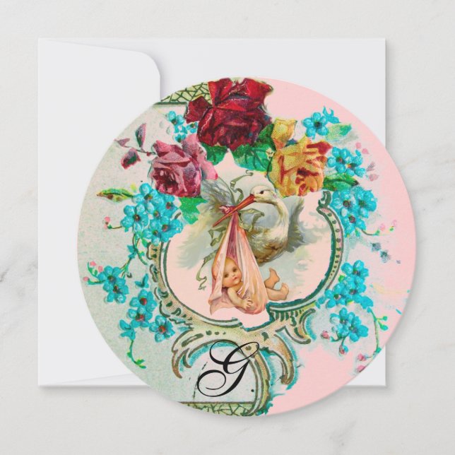 INVITATION STORK BÉBÉ FILLE DOUCHE ROSE BLEU FLORAL MONOGRAM (Devant)
