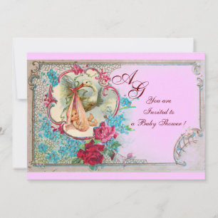 INVITATION STORK BÉBÉ FILLE DOUCHE ROSE BLEU FLORAL MONOGRAM