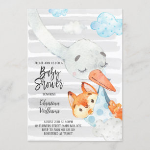 Invitation Stork et Fox Cub Baby shower garçon Bleu et gris m