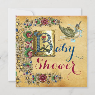 INVITATION STORK GARÇON BABY SHOWER PARCHEMENT FLORAL MONOGRA
