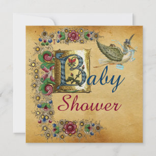 INVITATION STORK GARÇON BABY SHOWER PARCHEMENT FLORAL MONOGRA