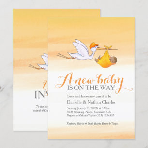 Invitation Stork nouveau bébé couple orange doré baby shower