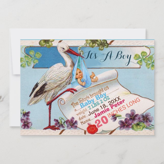 INVITATION STORK, SHAMROCK GARÇON BABY SHOWER DE NAISSANCE ST (Devant)