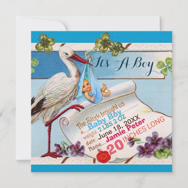 INVITATION STORK, SHAMROCK GARÇON BABY SHOWER DE NAISSANCE ST (Devant)