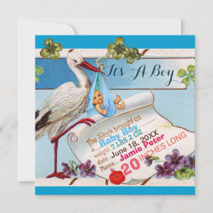 INVITATION STORK, SHAMROCK GARÇON BABY SHOWER DE NAISSANCE ST