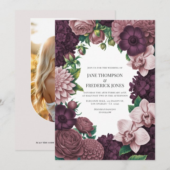 Invitation Storm Plum, Graphite Rose & Antique Blush Wedding (Devant / Derrière)