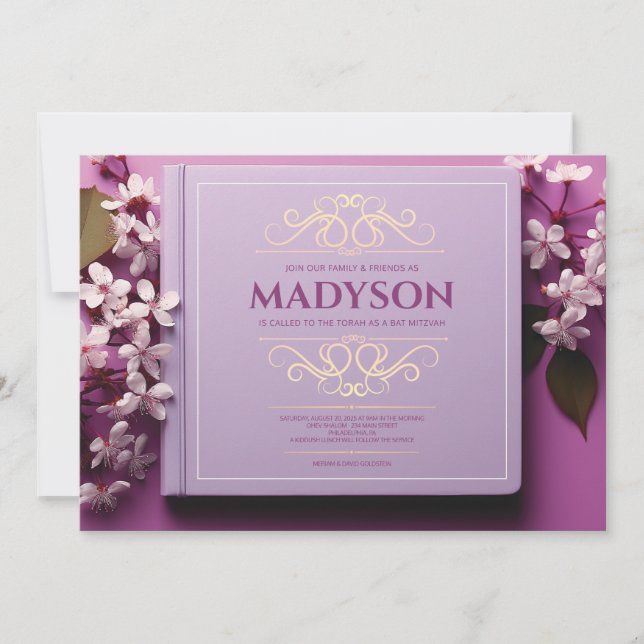 Invitation Story Book Cover Lavender Bat mitzvah Party (Devant)