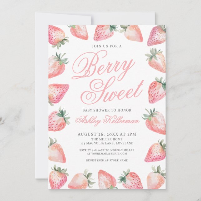Invitation Strawberry Berry Sweet Baby Shower (Devant)