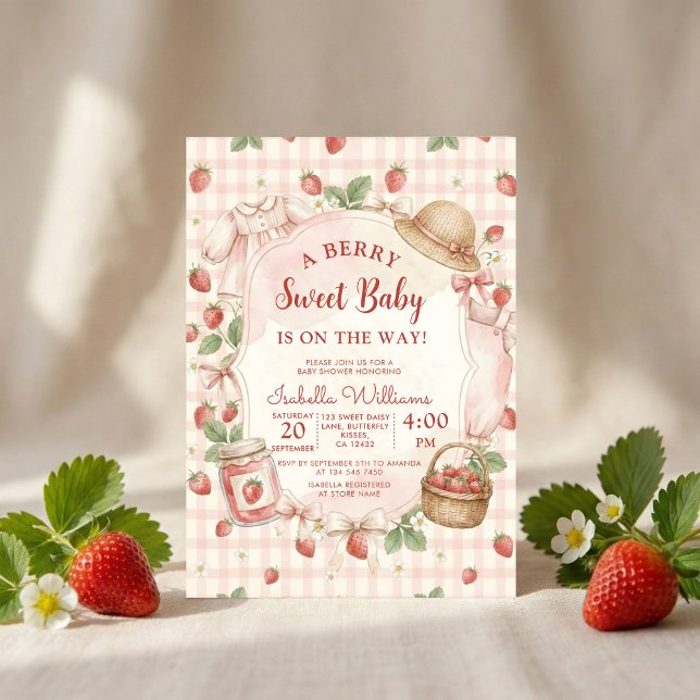 Invitation Strawberry bow baby shower First Berry Sweet (Créateur téléchargé)