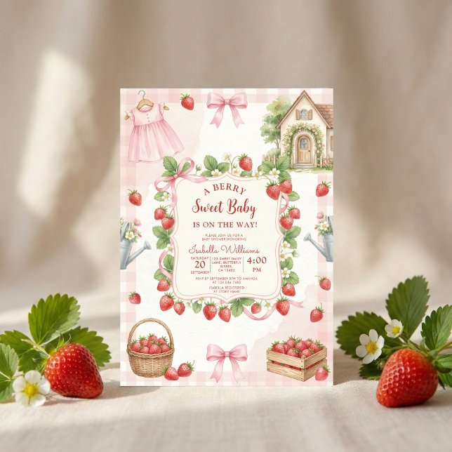 Invitation Strawberry bow baby shower First Berry Sweet (Créateur téléchargé)