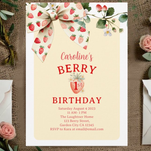Invitation Strawberry Bow Girls Berry First Birthday (Créateur téléchargé)