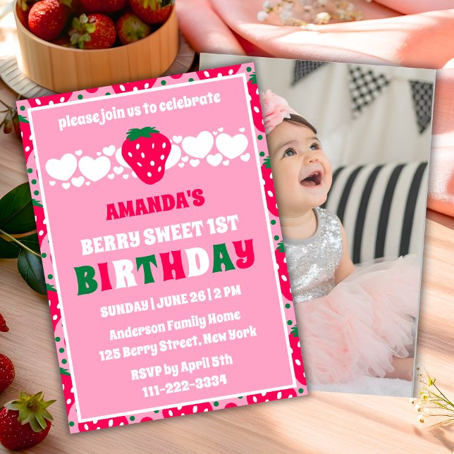 Invitation Strawberry First Birthday Celebration Photo (Créateur téléchargé)