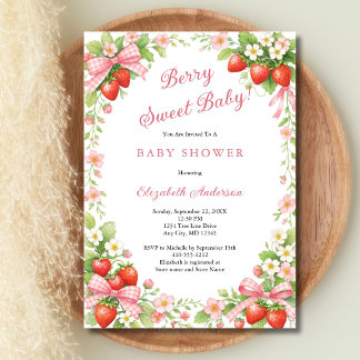 Invitation Strawberry Pink Red Gingham Bows Girl Baby Shower 