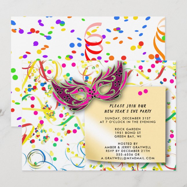 Invitation Streamers & Confetti Soirée du Nouvel An (Devant / Derrière)