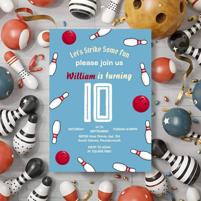 Invitation Strike cool sports bleu Bowling 10e anniversaire (Créateur téléchargé)