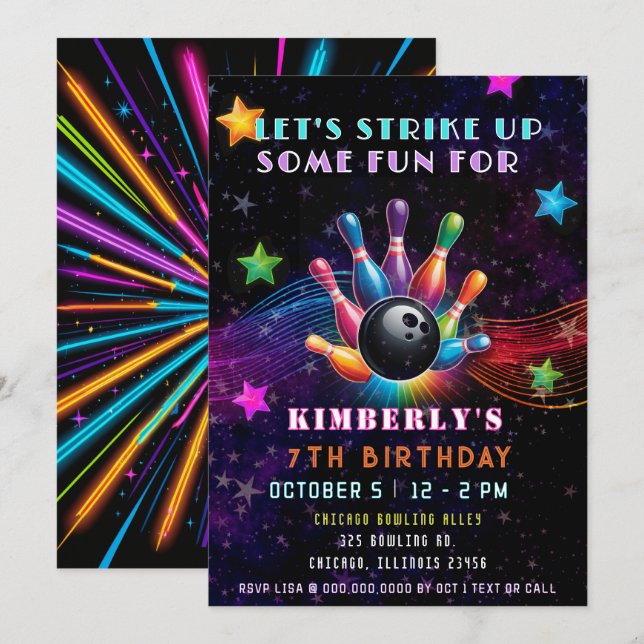 Invitation Strike Up Some Fun Neon Glow Bowling Birthday (Devant / Derrière)
