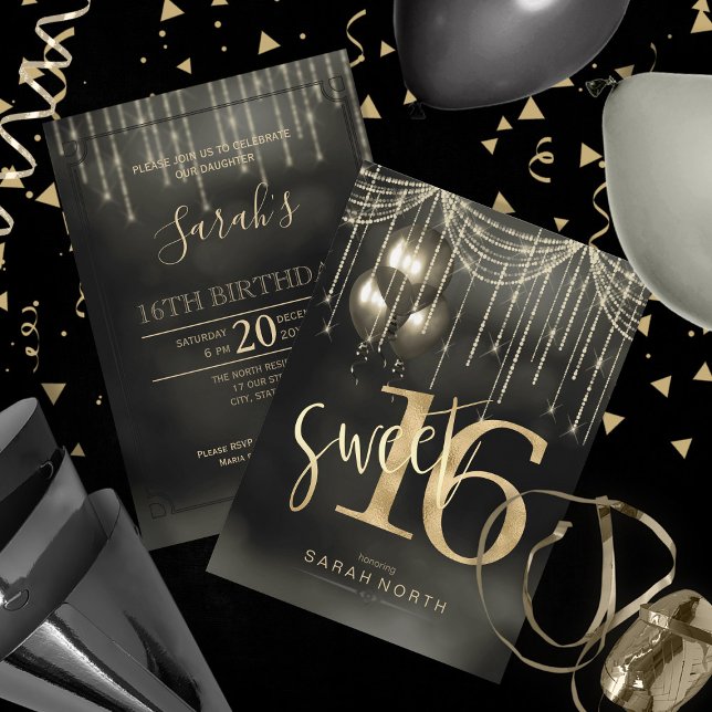 Invitation String Lights & Balloons Sweet 16 Black/Gold ID473 (Front/Back In Situ)