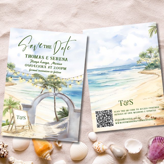 Invitation String Lights Beach QR Code Enregistrer La Date Tr (Créateur téléchargé)