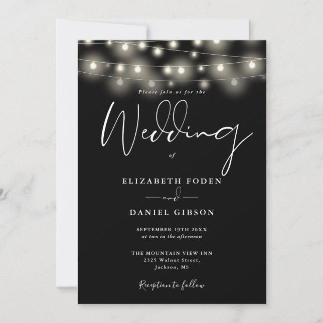 Invitation String Lights Black And White QR Code Wedding (Devant)