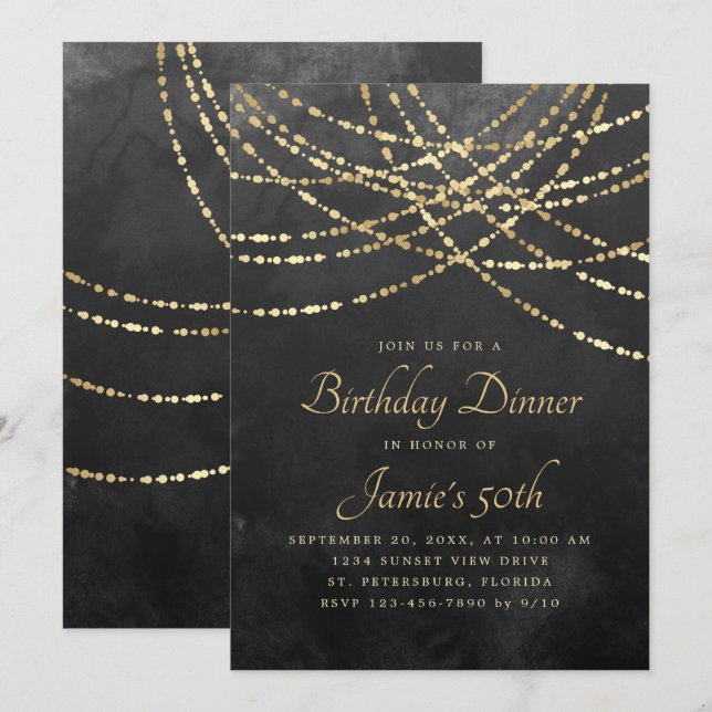 Invitation String Lights Black Gold Dîner d'anniversaire (Devant / Derrière)