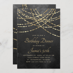 Invitation String Lights Black Gold Dîner d'anniversaire