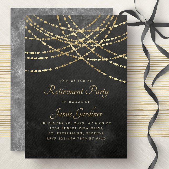 Invitation String Lights Black Gold Retraite Party (Créateur téléchargé)