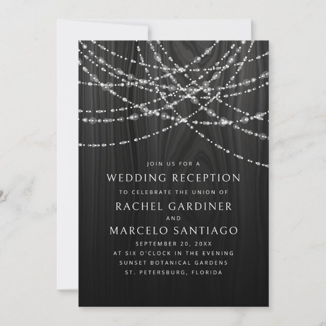 Invitation String Lights Black Rustic Wedding Réception (Devant)