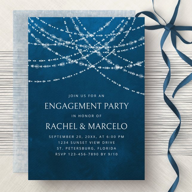 Invitation String Lights Blue Engagement Party (Créateur téléchargé)