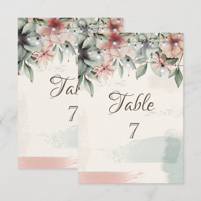 Invitation String Lights,Brush Stroke,Floral Table  Card (Devant / Derrière)