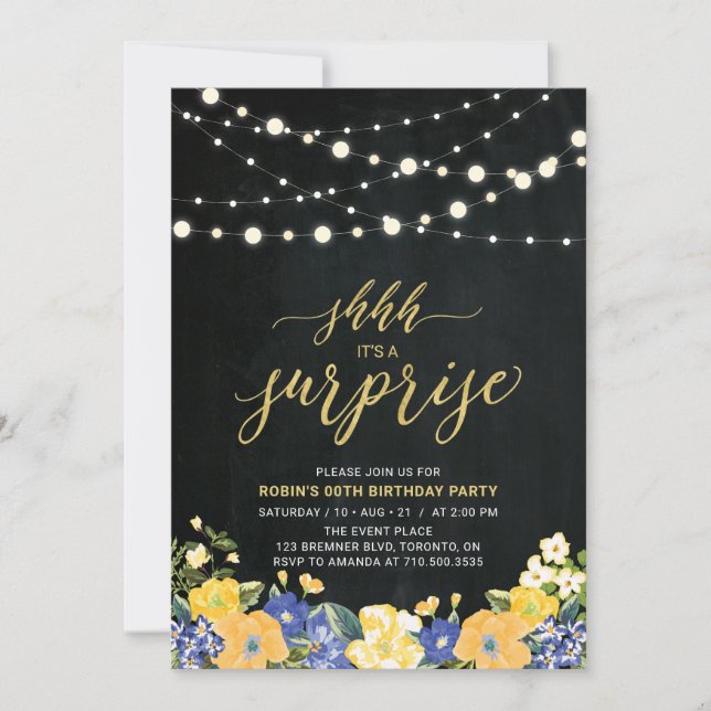 Invitation String Lights & Chalkboard Surprise fête d'anniver (Devant)