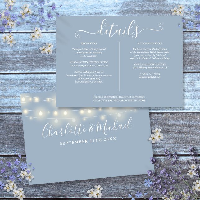 Invitation String Lights Dusty Blue Détails du Mariage Info (String Lights Dusty Blue Wedding Details Info Invitation)