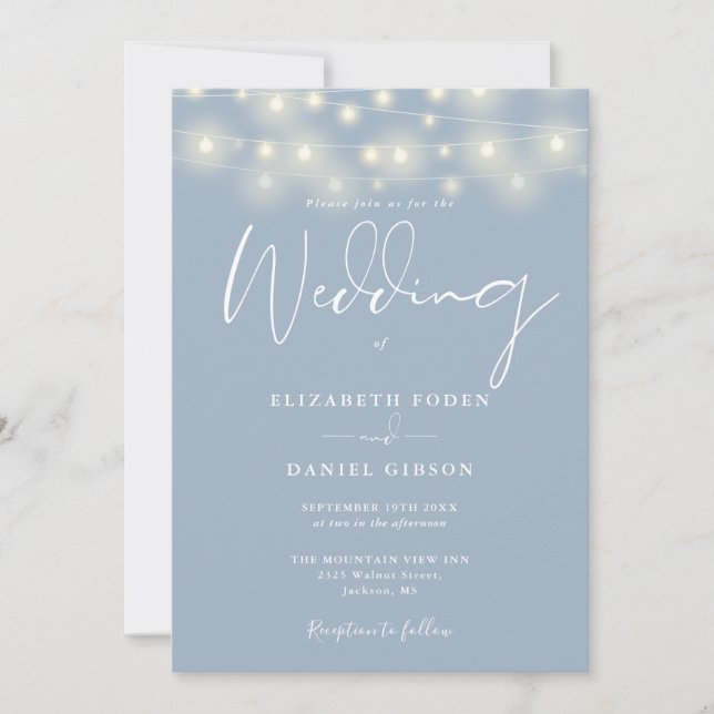 Invitation String Lights Dusty Blue QR Code Wedding (Devant)