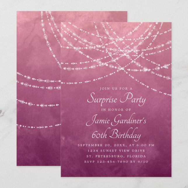 Invitation String Lights Dusty Rose rose Anniversaire (Devant / Derrière)