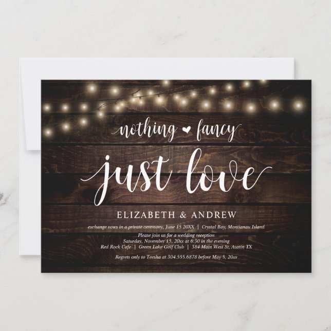 Invitation String Lights Farm, bois, Mariage Elopement Party (Devant)