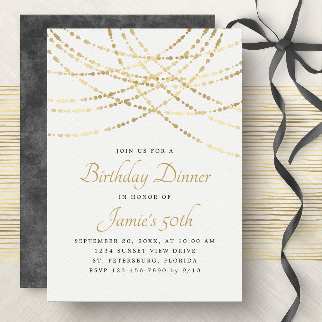 Invitation String Lights Gold Élégant Dîner d'anniversaire (Créateur téléchargé)