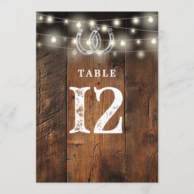 Invitation String Lights Horseshoes Barn Wood Table Number (Devant)
